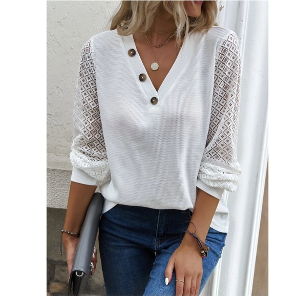 Button Detail Long Lace Sleeve V-Neck Casual White Tee Shirt - Picture 7 of 10